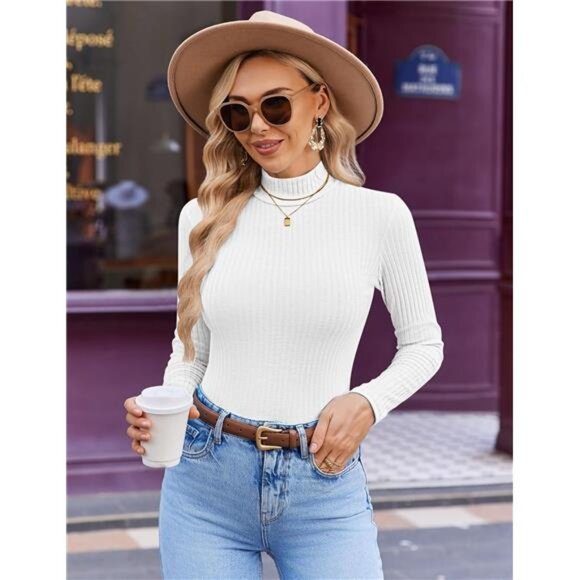 Women's Mock Turtleneck Long Sleeve Shirt Ribbed Knit Pullover Thermal Top - Picture 2 of 6